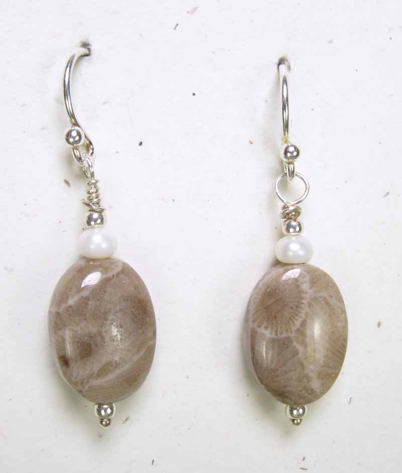 Oval Petoskey Earrings with Pearls